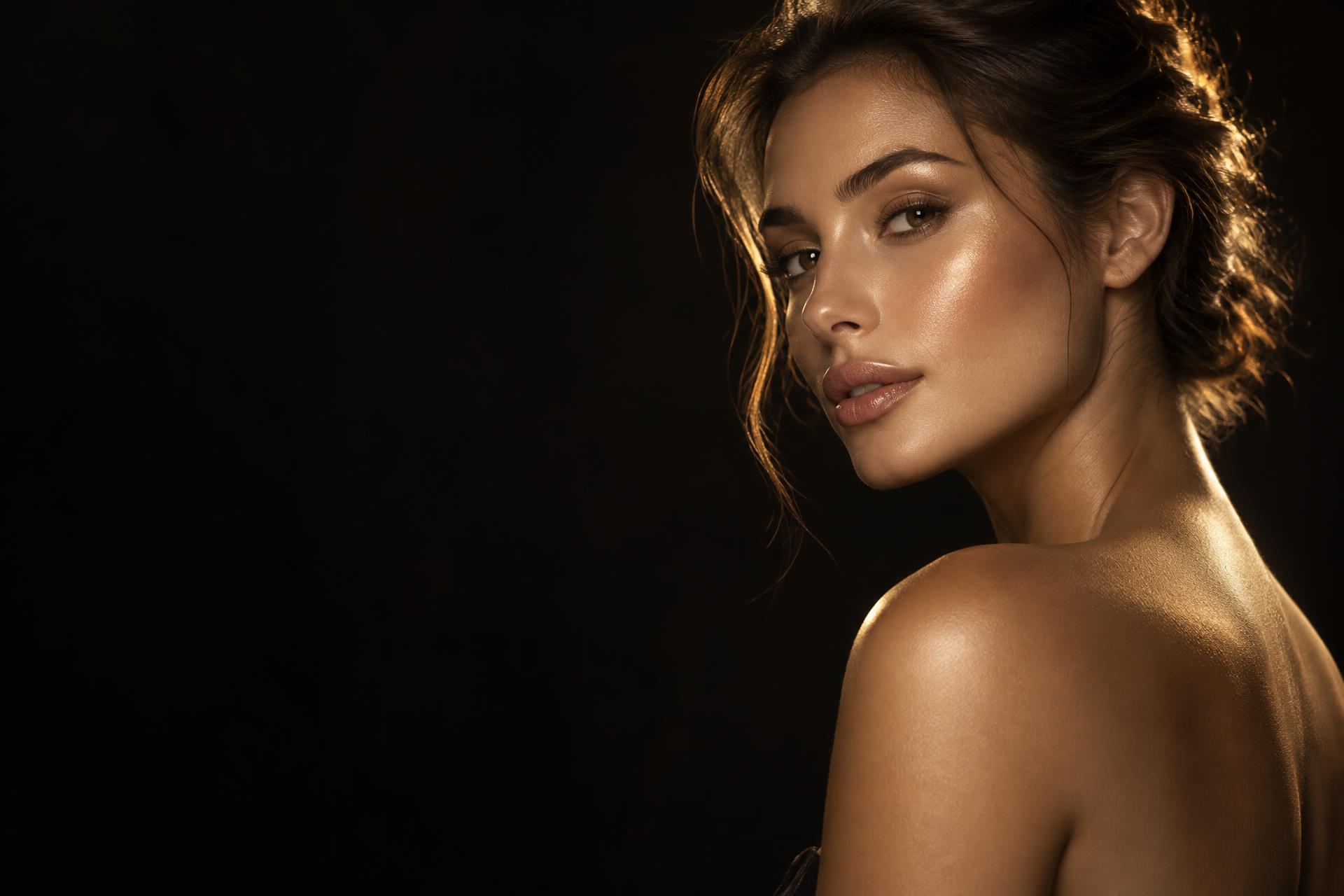 Woman with radiant skin lit by warm golden light against a dark background